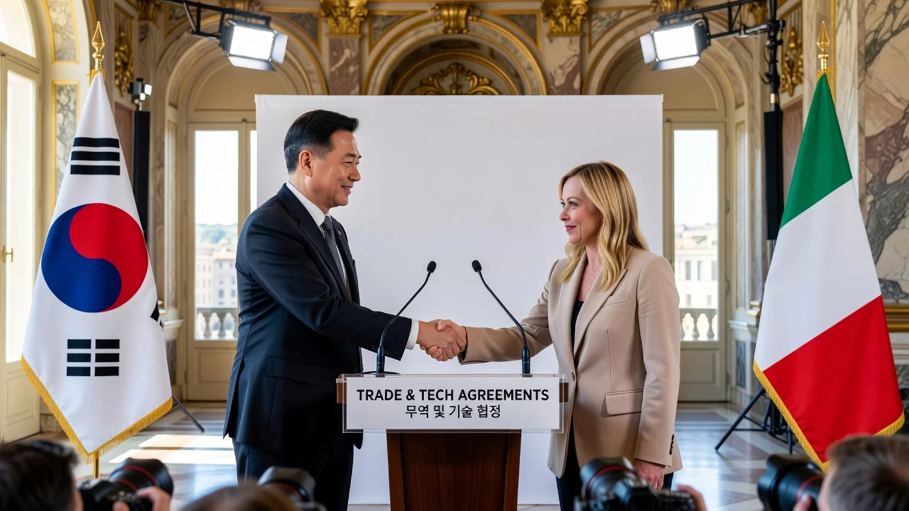 President Lee Jae Myung and Italian Prime Minister Giorgia Meloni shaking hands in Rome to strengthen trade and tech ties.