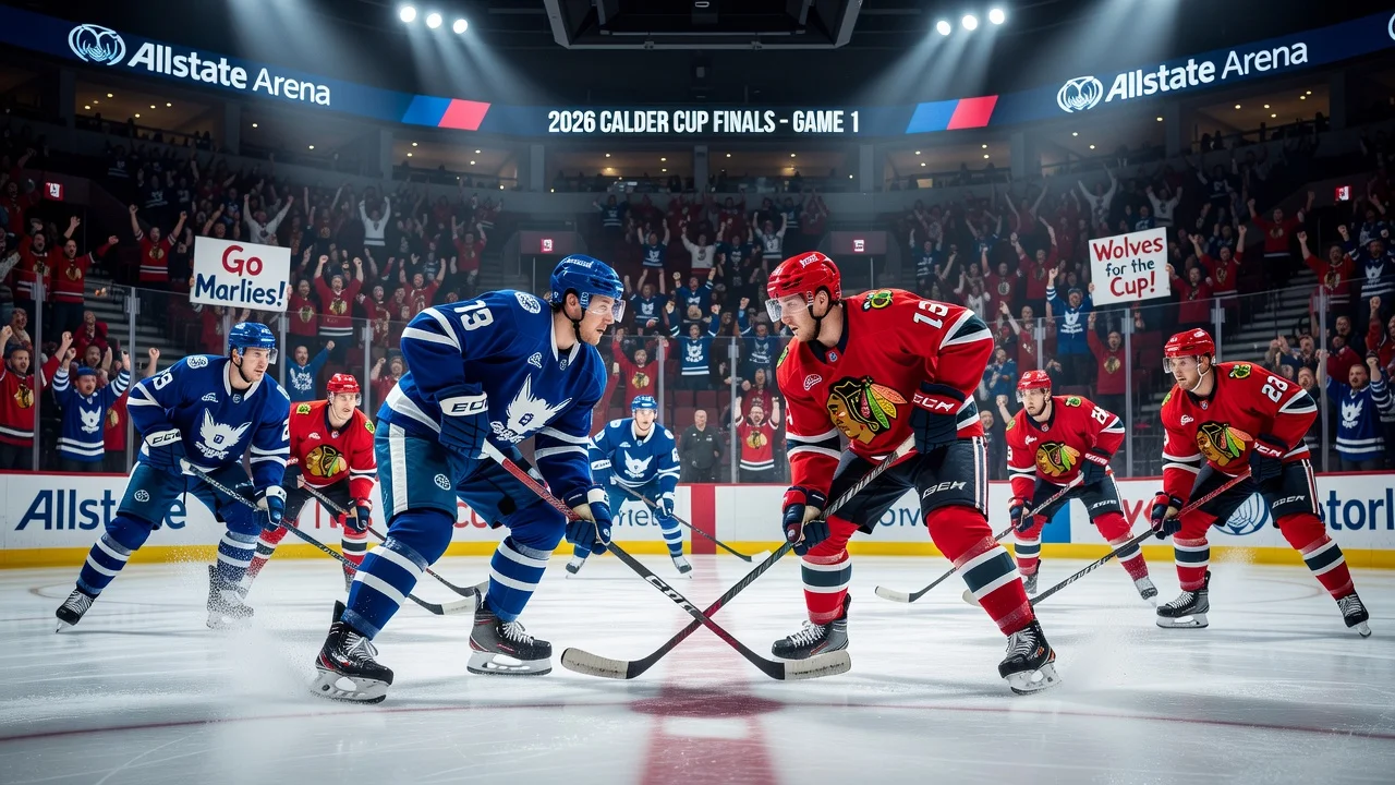 Illustration of Toronto Marlies and Chicago Wolves playing in the 2026 Calder Cup Finals at Allstate Arena.