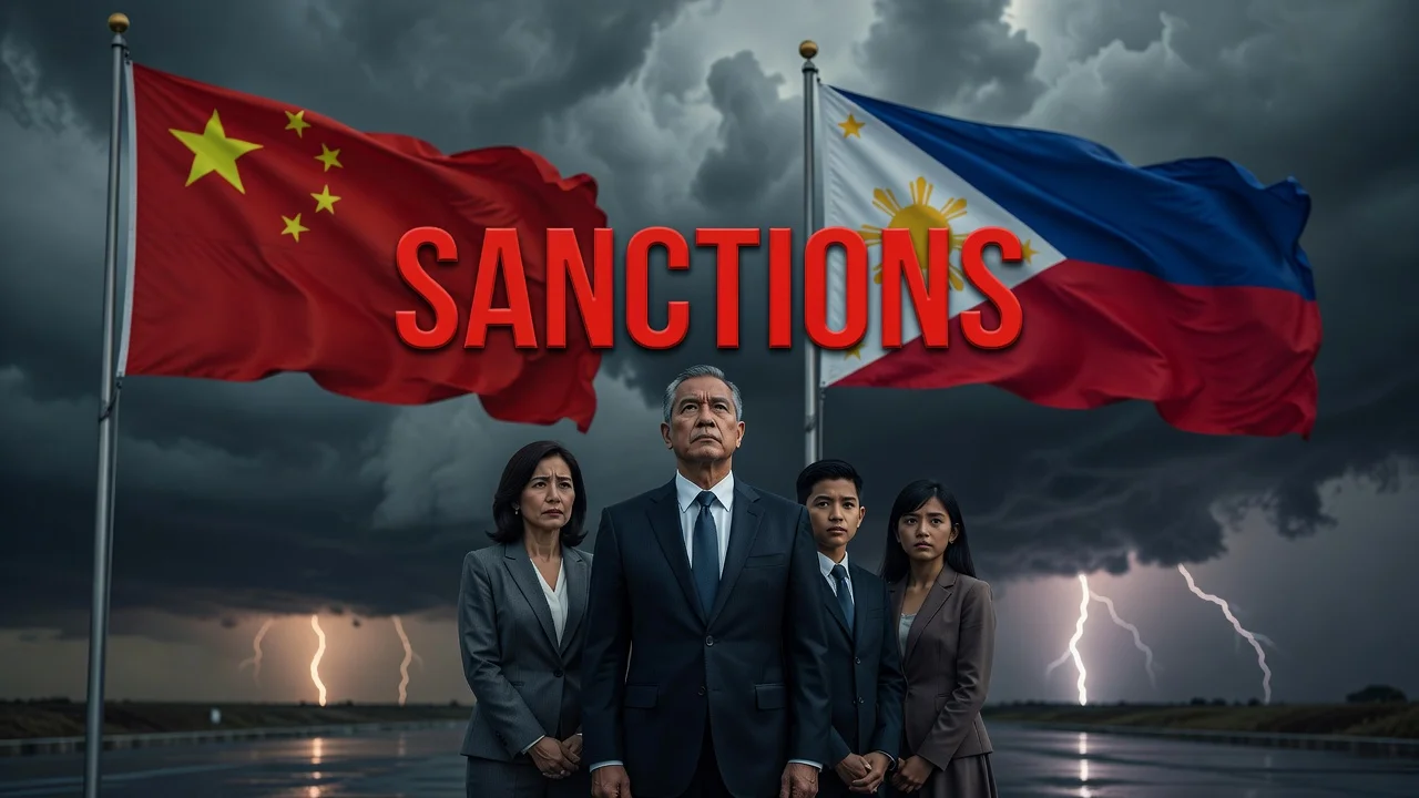 Dramatic illustration of Chinese and Philippine flags with sanctions overlay and the defense secretary with family, for a news article about China imposing sanctions.