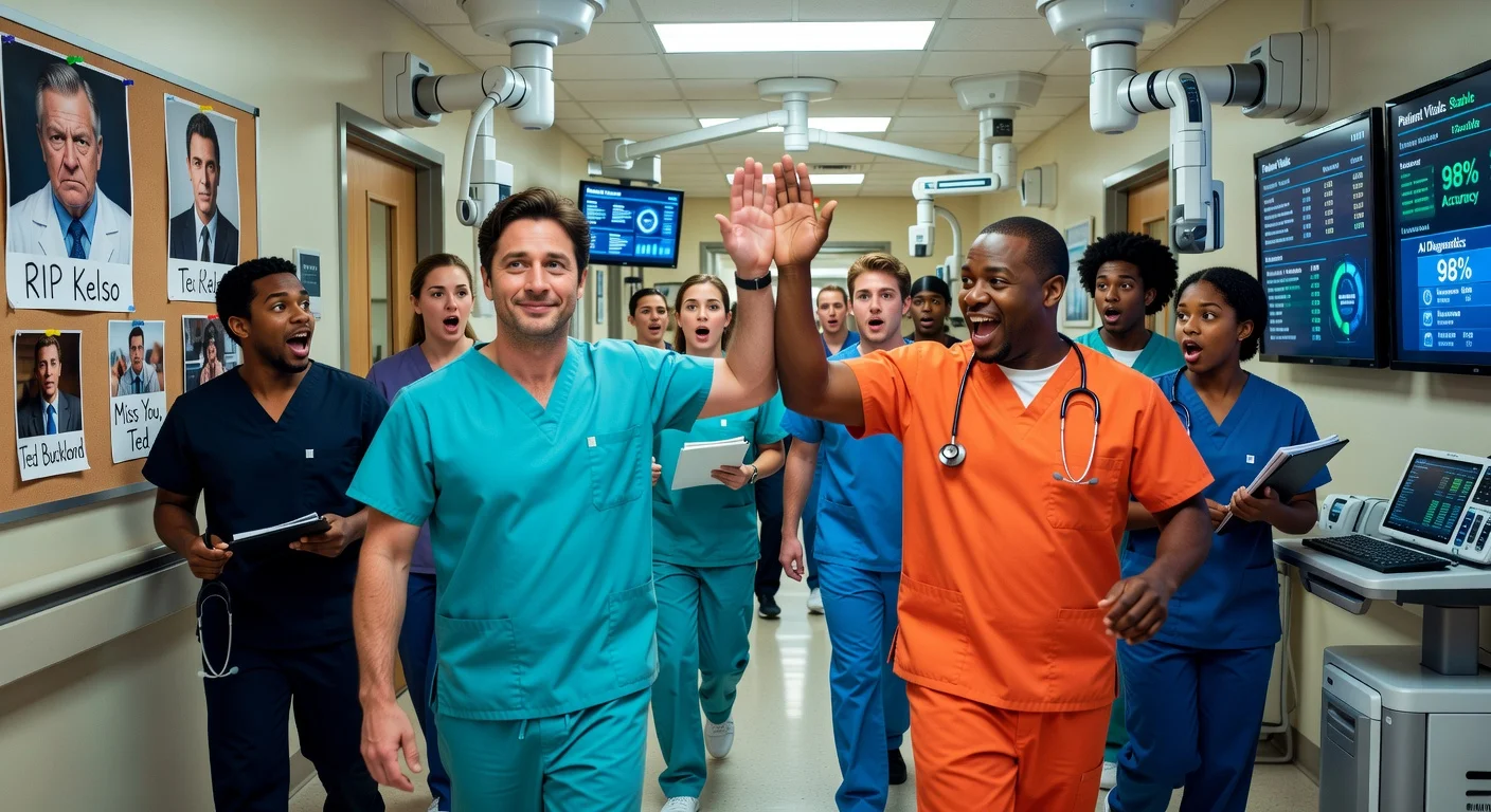 Realistic illustration of Scrubs revival cast including J.D., Turk, and new interns at Sacred Heart Hospital, with tributes to legacy characters.