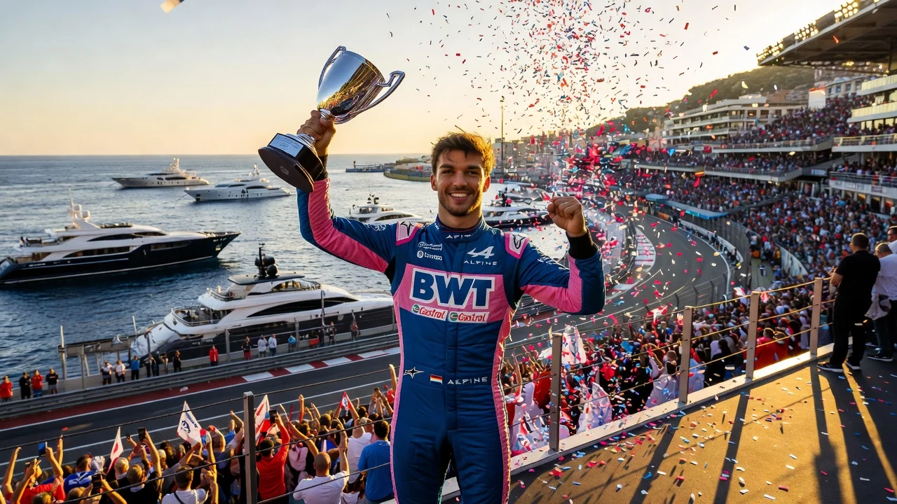 Pierre Gasly celebrating his reinstated third-place finish on the Monaco Grand Prix podium