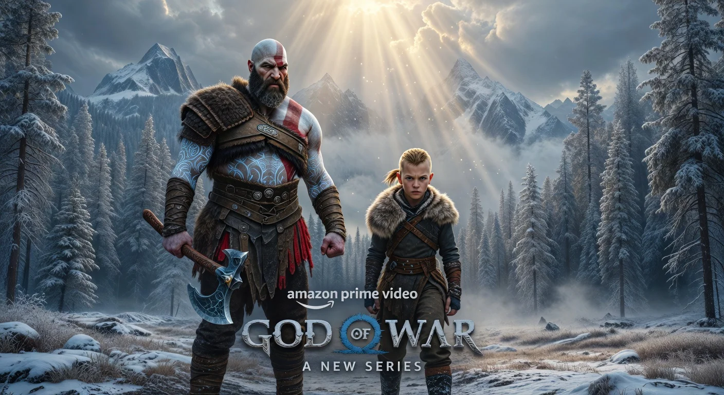 First official live-action image of Ryan Hurst as Kratos and Callum Vinson as Atreus in Amazon's God of War TV series, set in a Norse forest.