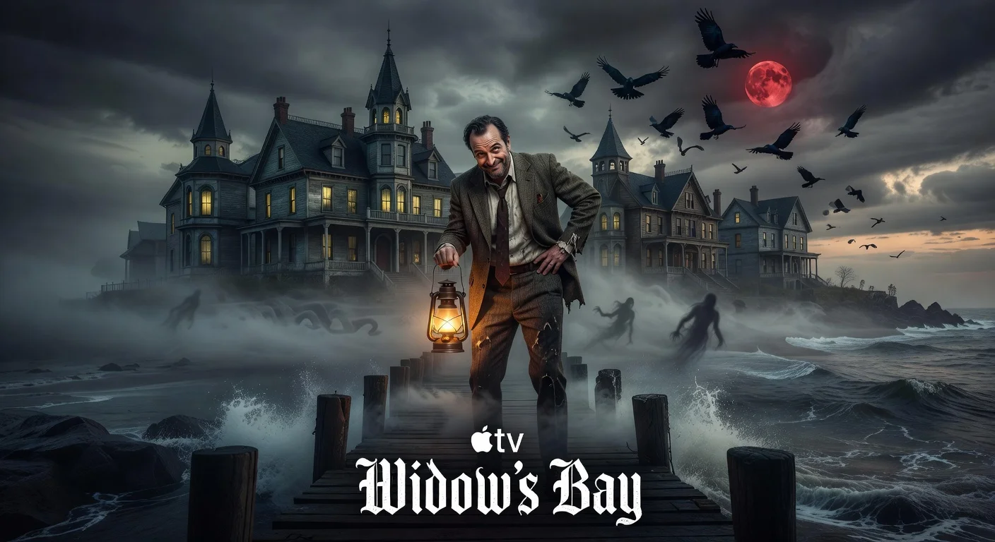 Photorealistic promo image of Matthew Rhys as the mayor in Apple TV's horror comedy 'Widow's Bay', featuring a foggy cursed island town.