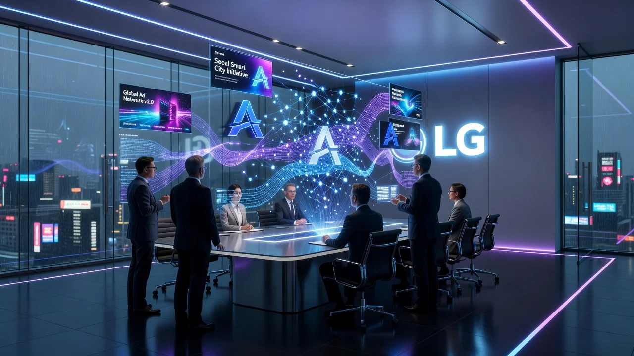 Futuristic office scene illustrating LG's blockchain ad network partnership with Arbitrum.
