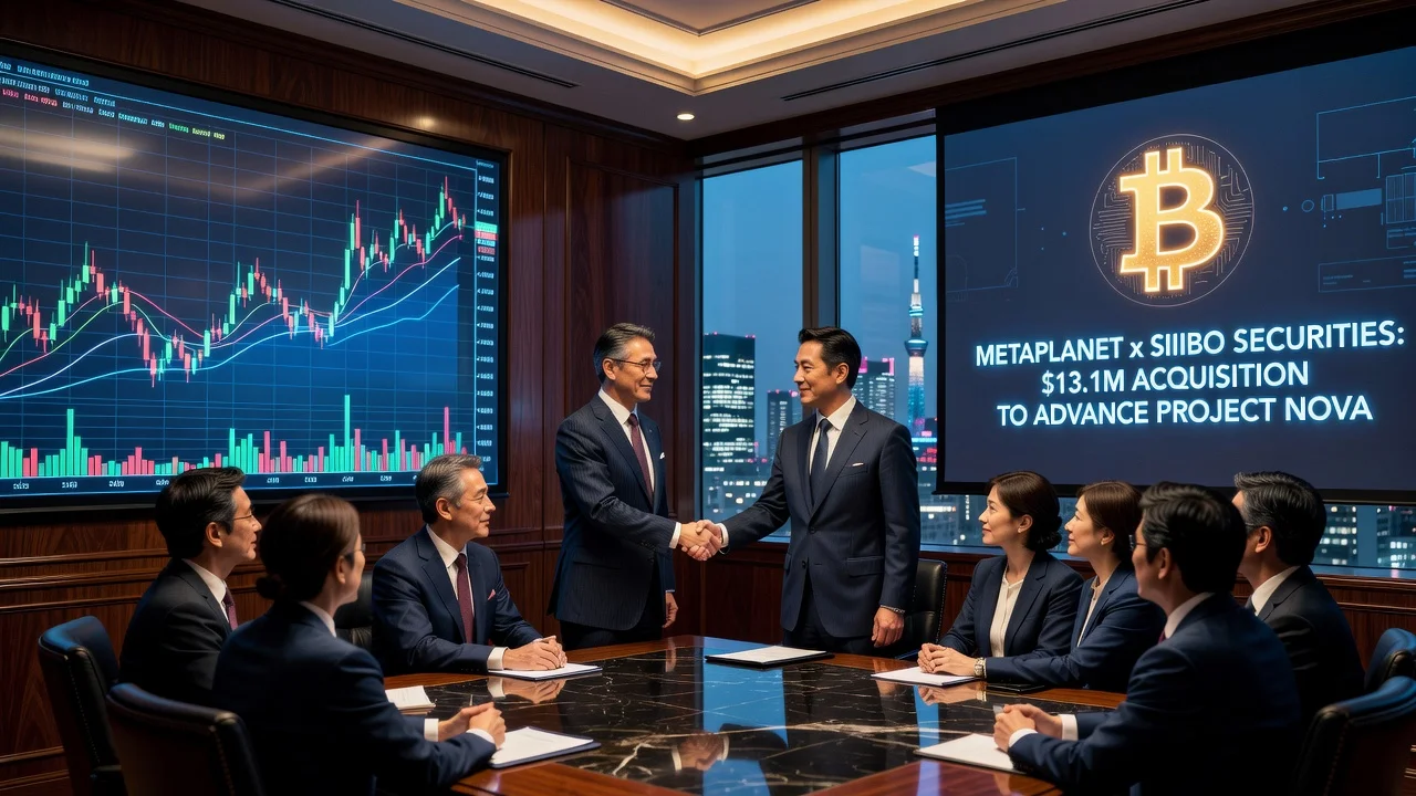 Illustration of Metaplanet acquiring Siiibo Securities, showing a handshake in a Tokyo office with Bitcoin elements.