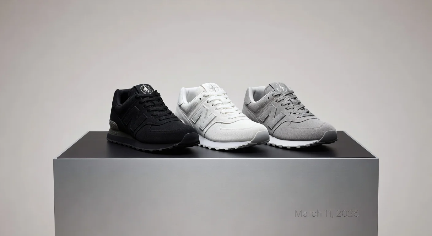 Studio photo of three monochromatic suede Stone Island x New Balance 574 Ghost sneakers in black, white, and gray, highlighting luxurious single-material design.