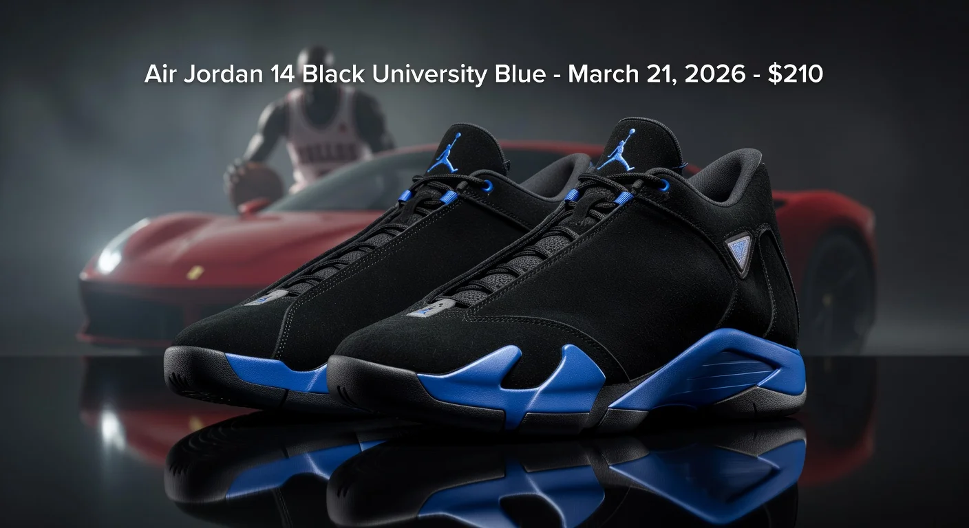 Photorealistic image of Air Jordan 14 Black/University Blue sneakers, Ferrari-inspired, set for March 21, 2026 rerelease at $210.
