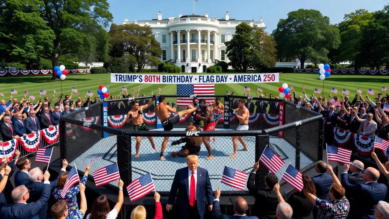 UFC octagon on White House lawn with President Trump and American flags for anniversary celebrations