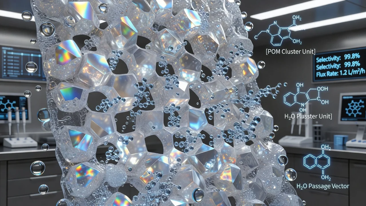 Photorealistic close-up of a POMbrane crystalline membrane with 1nm pores for molecular filtration