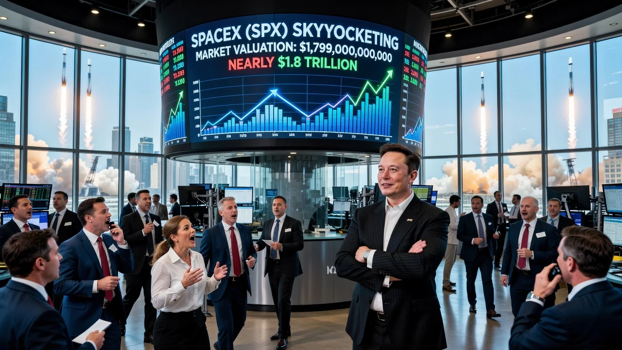 Illustration of SpaceX's public debut on Nasdaq with stock ticker showing $1.8 trillion valuation.