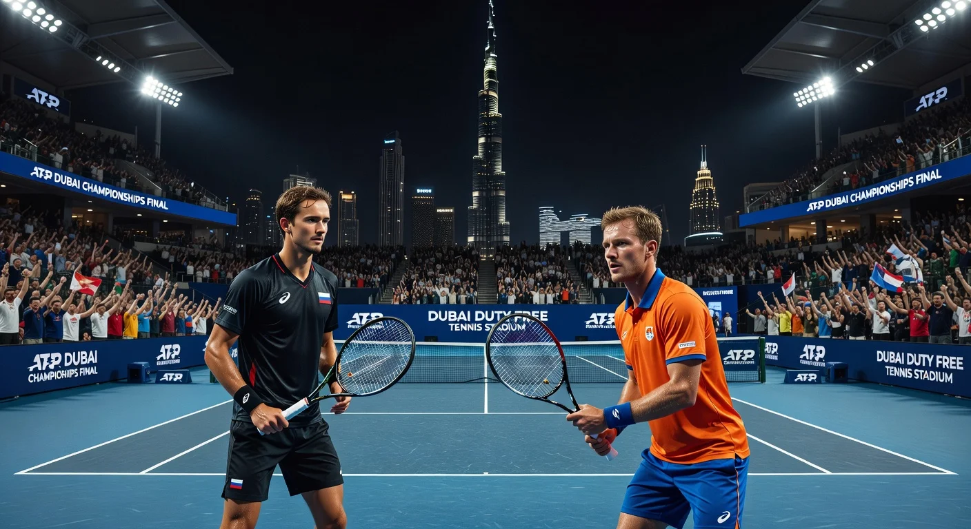 Daniil Medvedev and Tallon Griekspoor face off across the net on Dubai's center court ahead of their ATP final, with city skyline in background.