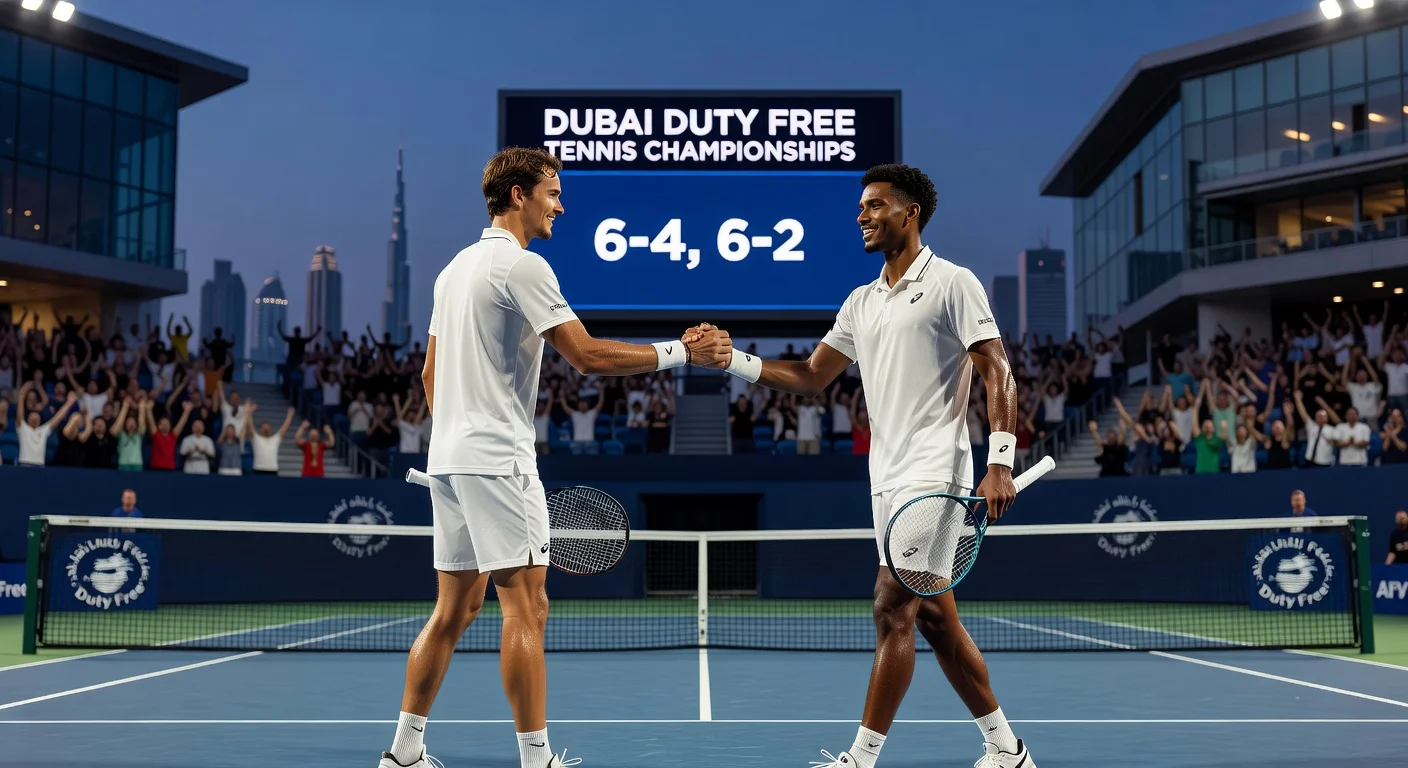 Daniil Medvedev shakes hands with Felix Auger-Aliassime after 6-4, 6-2 semi-final win at Dubai Tennis Championships.