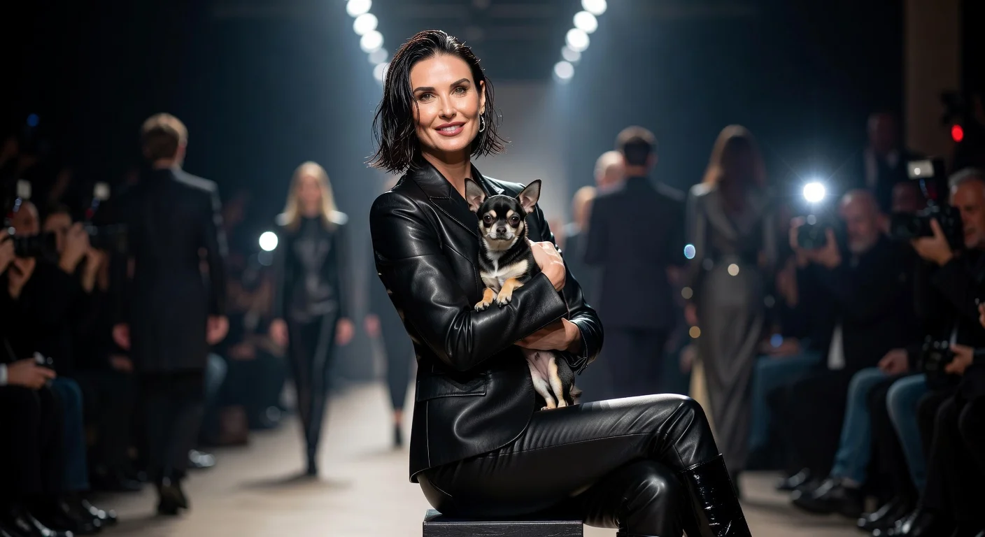 Demi Moore with new chin-length wet-textured bob haircut at Gucci Milan Fashion Week, holding Chihuahua Pilaf in leather outfit.