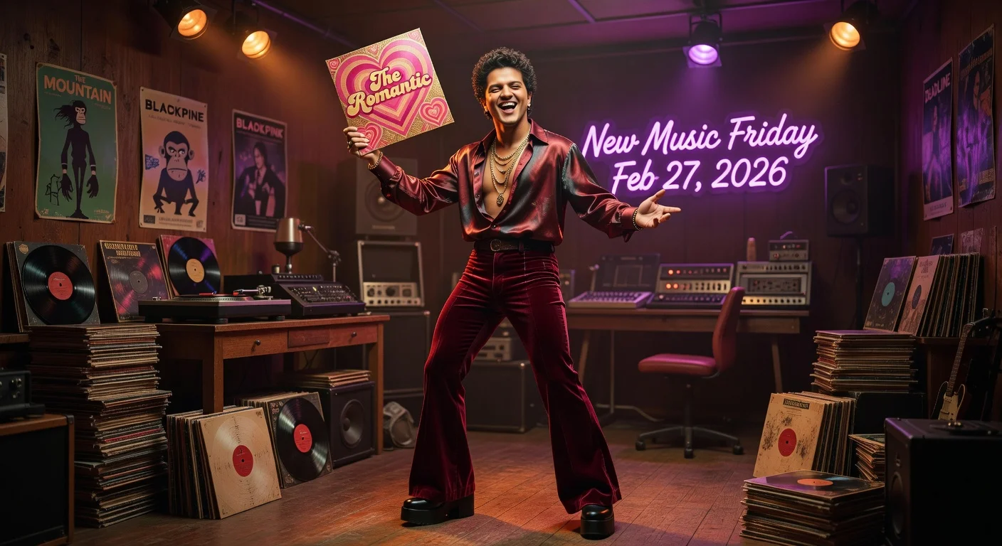 Bruno Mars posing with his new '70s funk album 'The Romantic' in a lively New Music Friday studio scene.