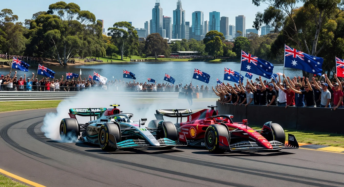 Dynamic photo illustration of Mercedes and Ferrari F1 cars racing at the 2026 Australian Grand Prix in Melbourne's Albert Park.