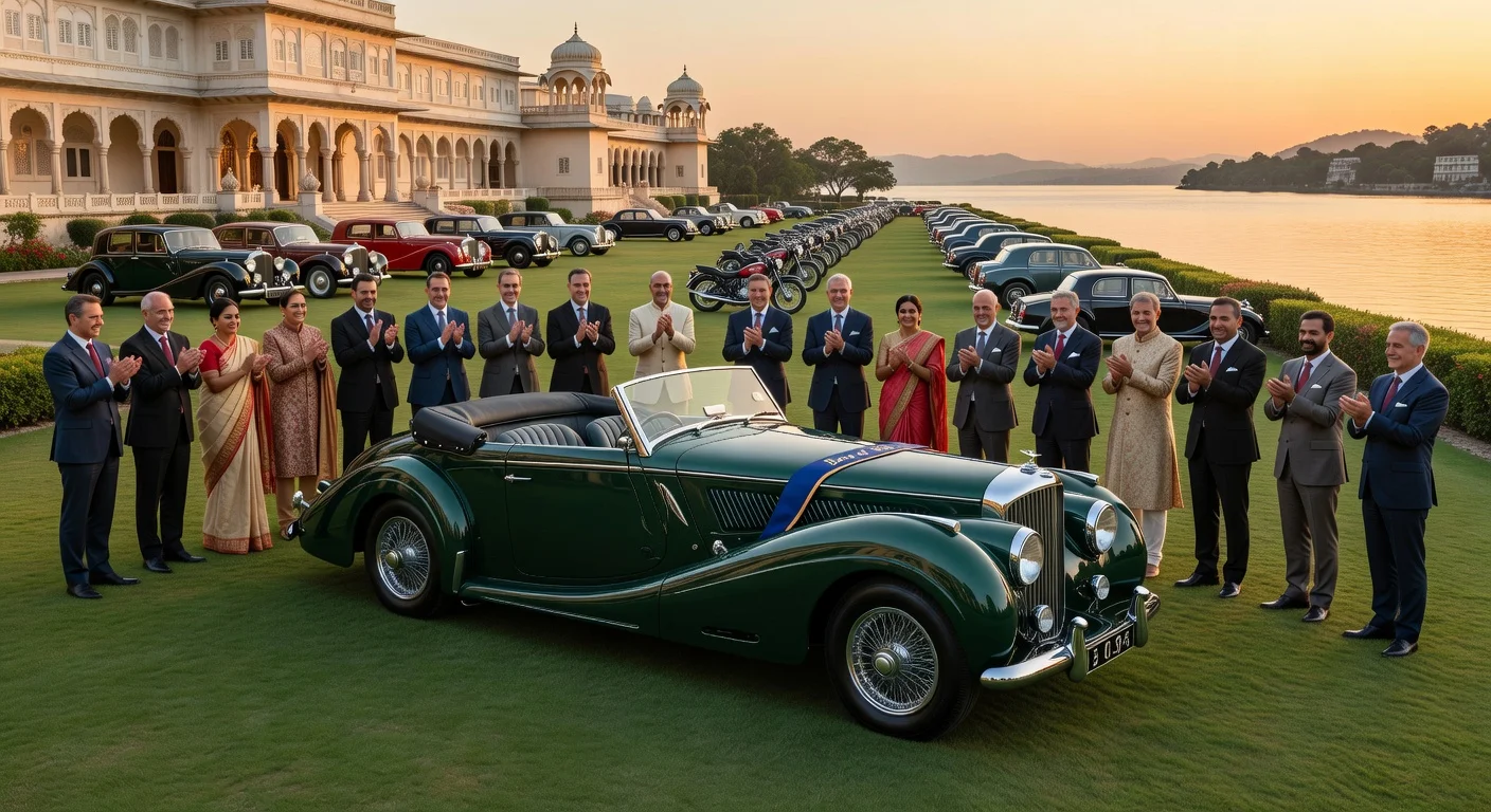 1939 Bentley 4¼ Litre Drophead Coupé wins Best of Show at Oberoi Concours d’Elegance 2026 in Udaipur, surrounded by classic cars and luxury crowd.