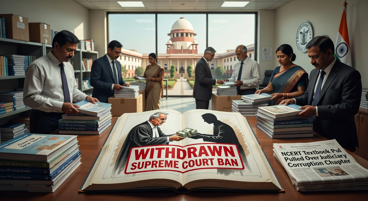 Somber NCERT officials withdrawing controversial class 8 social science textbook banned by Supreme Court over judicial corruption chapter.