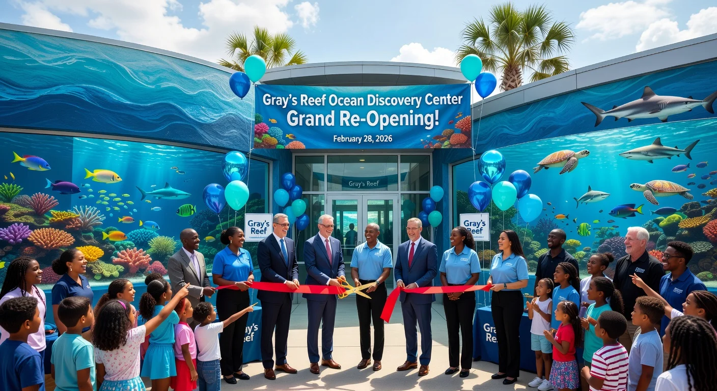 Crowd celebrating the grand re-opening of Gray’s Reef Ocean Discovery Center with ribbon-cutting ceremony and ocean exhibits visible.