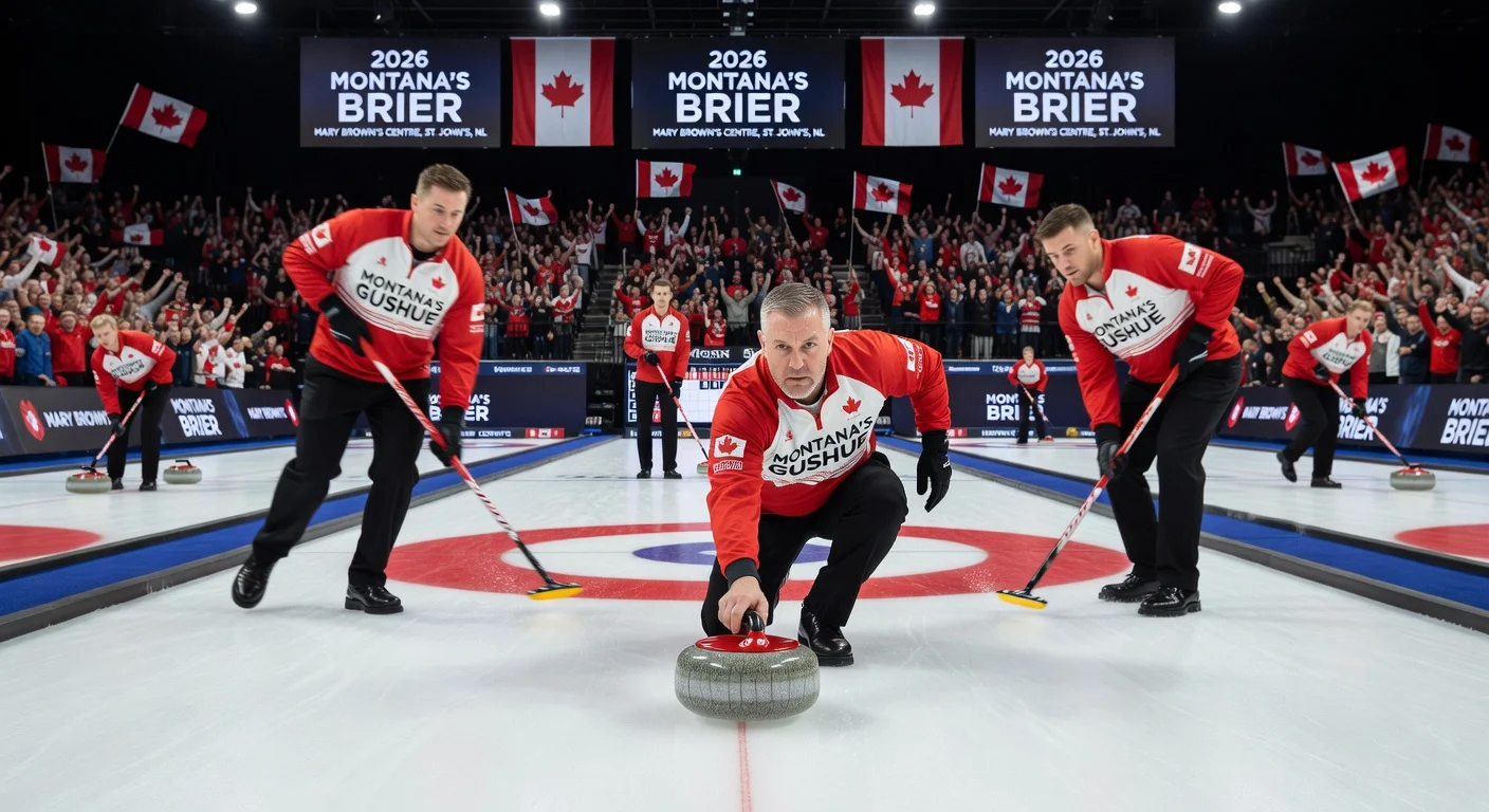 Brad Gushue delivers a stone during his final Brier at the 2026 championship in St. John's.