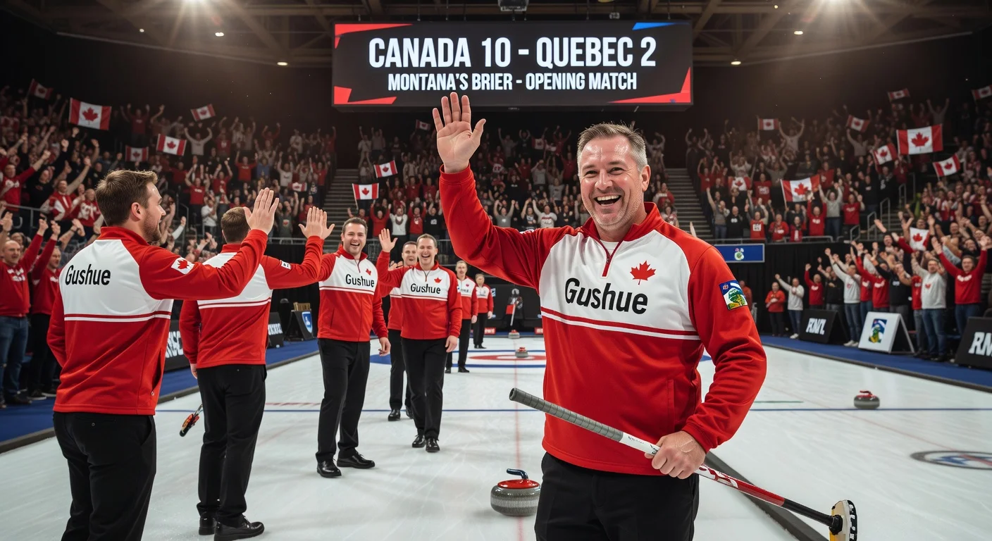 Brad Gushue celebrates 10-2 Brier opening win over Quebec amid cheering St. John's crowd.