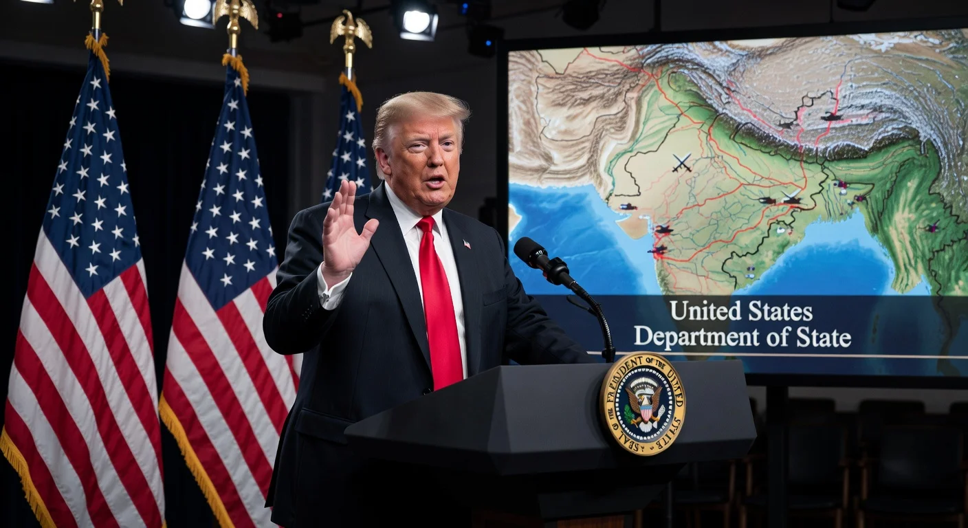 President Donald Trump at podium announcing US intervention in Pakistan-Afghanistan conflict, with map backdrop.