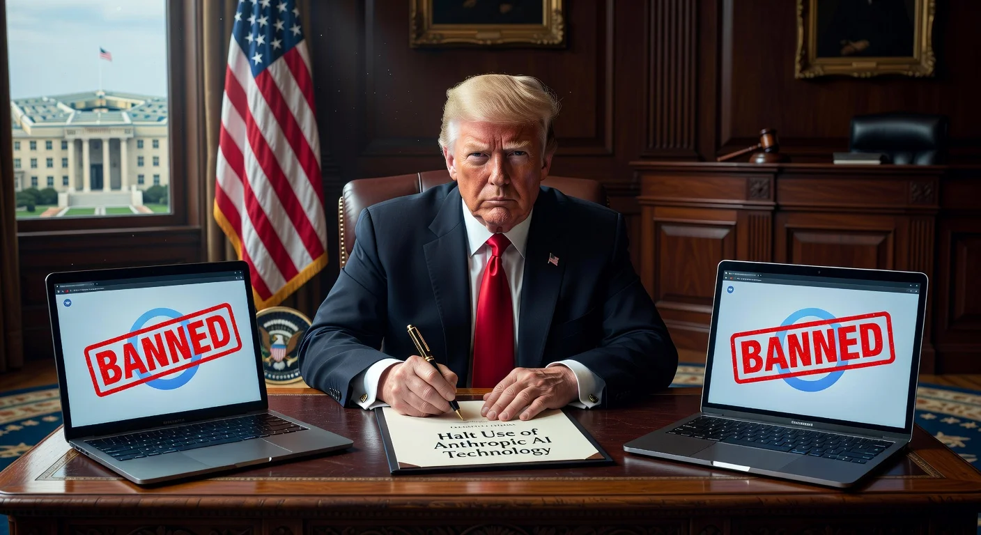 President Trump signs executive order banning Anthropic AI from federal agencies amid Pentagon dispute, illustrated with banned AI screens, Pentagon, and courthouse symbols.