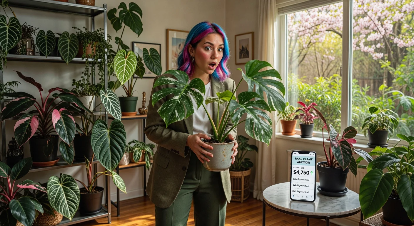 Young millennial collector with rare variegated plants and online auction, capturing the boom in status-symbol houseplants.