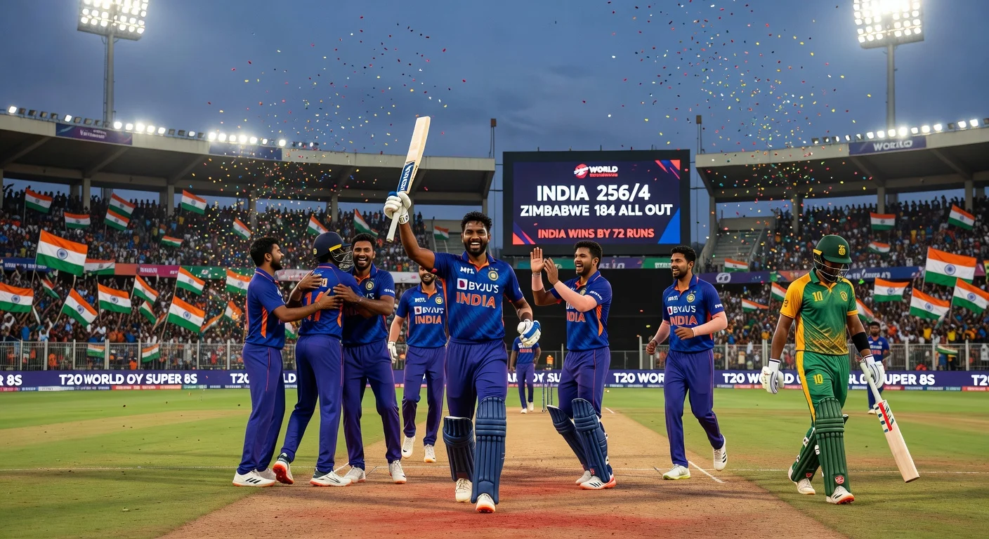 India celebrates 72-run T20 World Cup Super 8s victory over Zimbabwe at Chennai's MA Chidambaram Stadium, with Sanju Samson and team joyful amid dejected opponents.