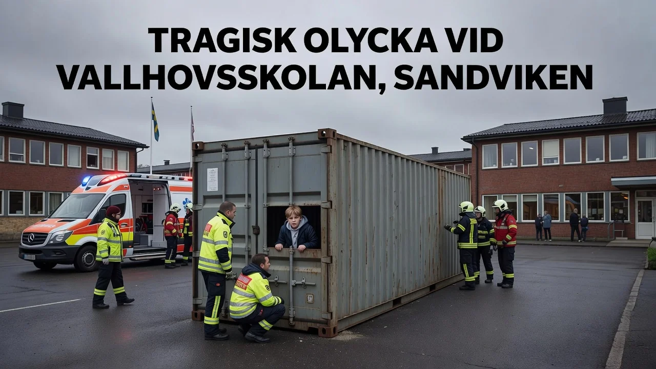 Illustration of the accident scene at Vallhovsskolan where a boy got stuck in a container, with emergency services present.
