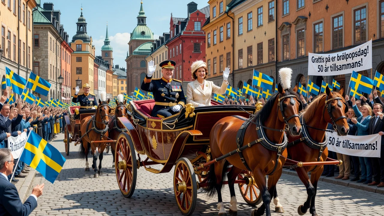 King Carl XVI Gustaf and Queen Silvia waving from a carriage in their golden wedding procession in Stockholm.