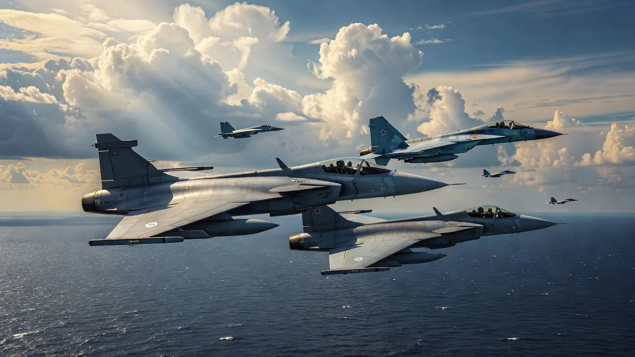 Swedish and Russian fighter jets over the Baltic Sea during an interception mission.