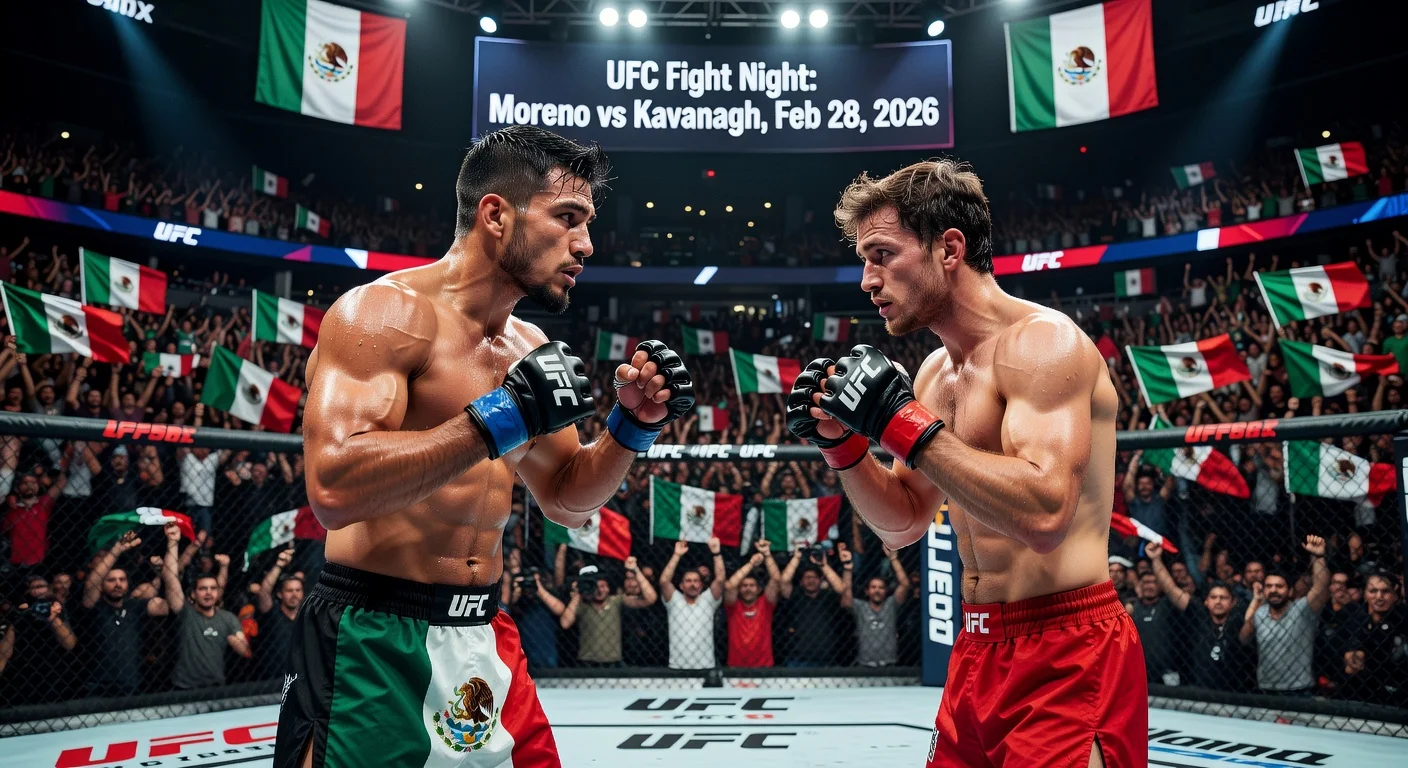 Dramatic UFC face-off between Brandon Moreno and Lone'er Kavanagh in Mexico City's Arena CDMX for Fight Night headline bout.
