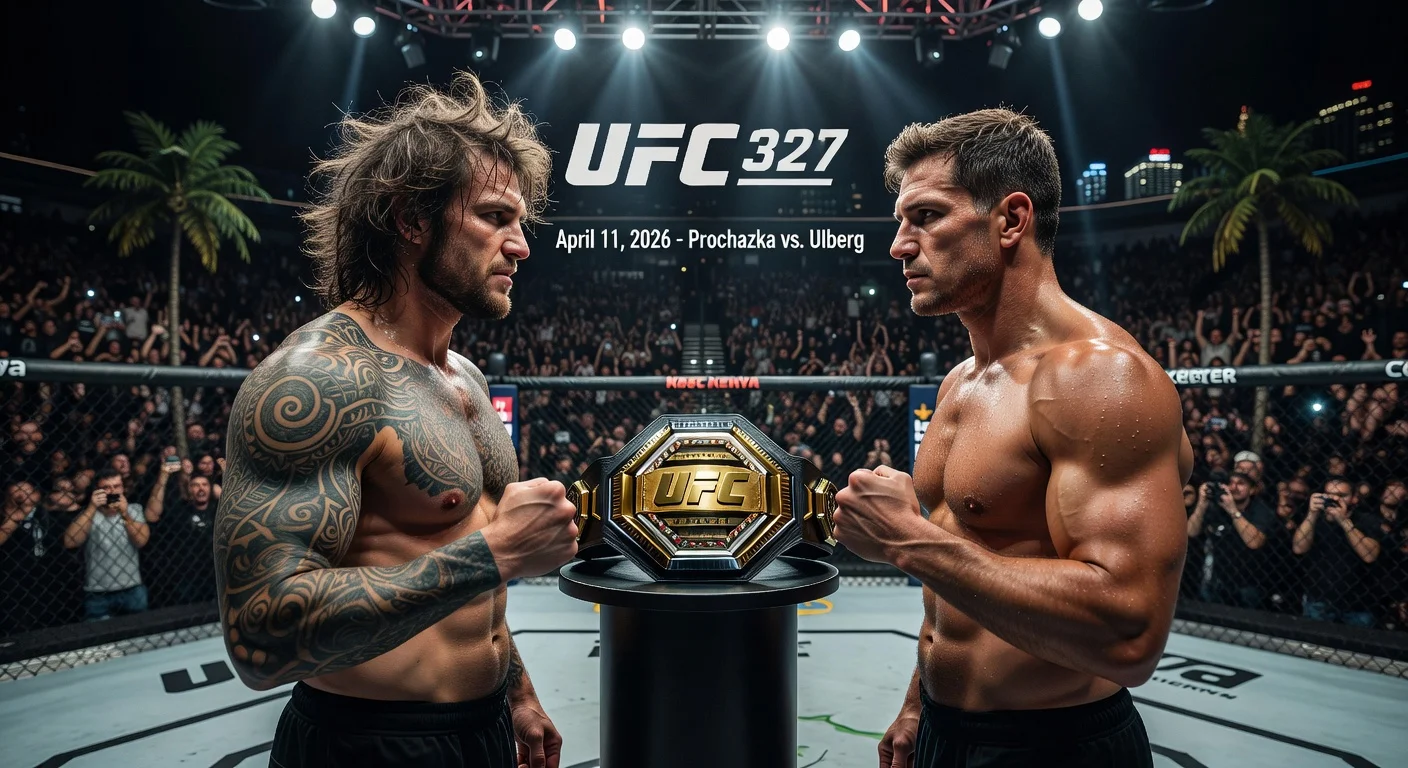 Realistic illustration of Jiri Prochazka and Carlos Ulberg in intense face-off for UFC 327 vacant light heavyweight title.