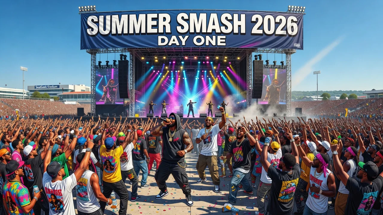 Crowd at Summer Smash 2026 rap festival outside SeatGeek Stadium in Bridgeview