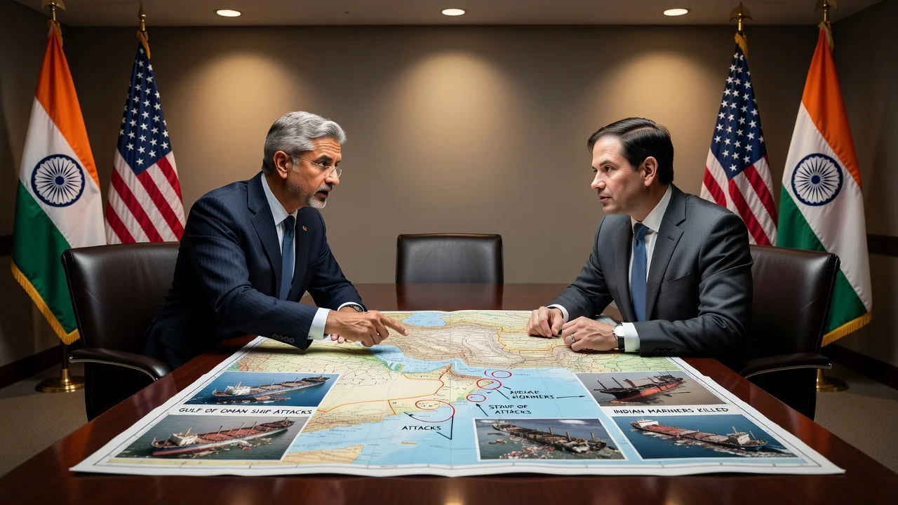 Illustration of Indian and US diplomats discussing protests regarding attacks on ships in the Gulf of Oman.