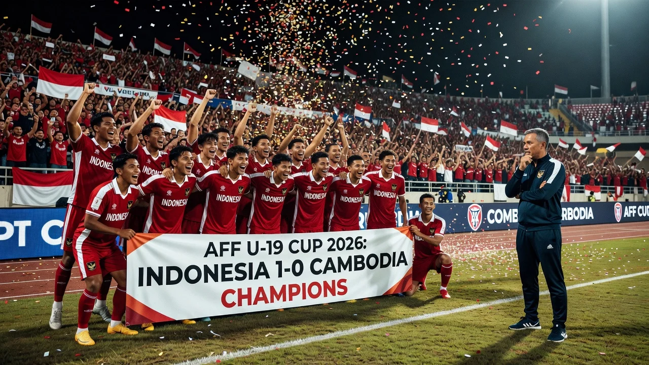 Indonesia U-19 football team celebrating third place at AFF U-19 Cup 2026 after 1-0 win over Cambodia.