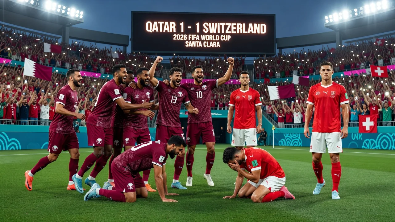Qatar and Switzerland players on the field after their 1-1 World Cup draw in Santa Clara.