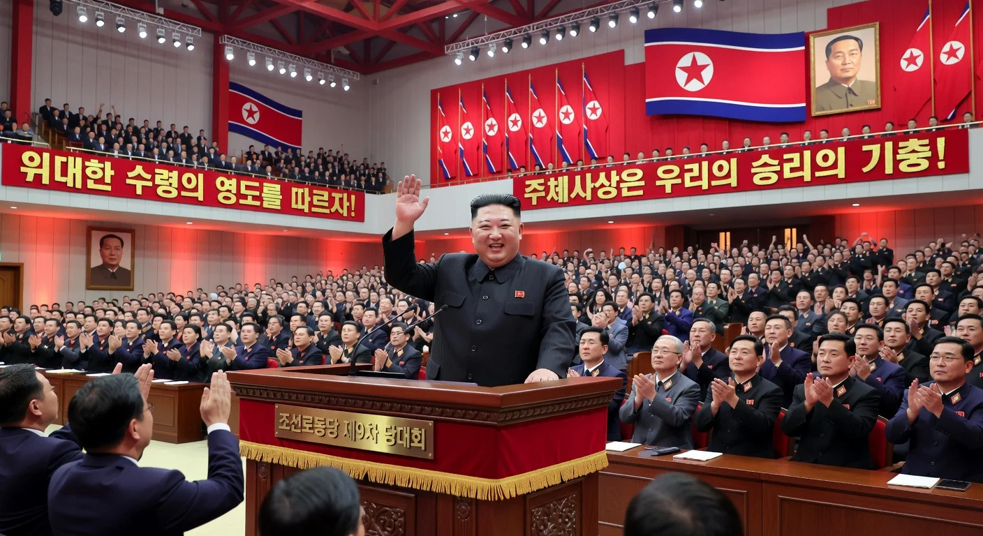 Kim Jong-un reelected as general secretary at North Korea's Workers' Party congress, amid applauding delegates in a grand hall.