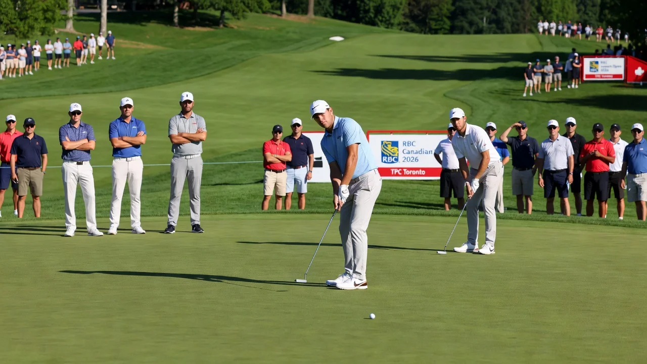 Golfers Jackson Suber, Wyndham Clark, and Bud Cauley competing in the final round of the 2026 RBC Canadian Open at TPC Toronto.