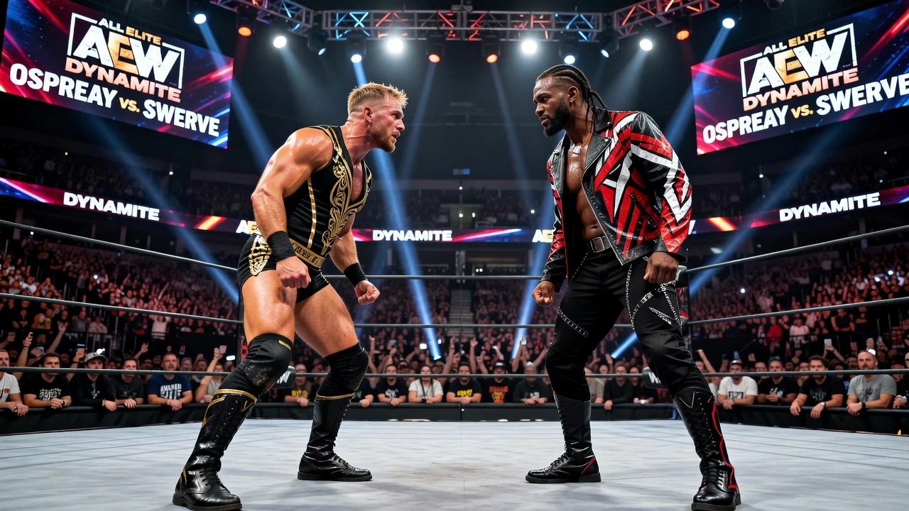 Intense face-off between Ospreay and Swerve in an AEW ring.