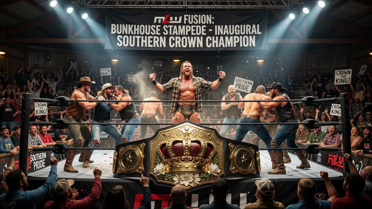 Illustration of wrestlers competing for the Southern Crown Championship in a Bunkhouse Stampede match at MLW Fusion.