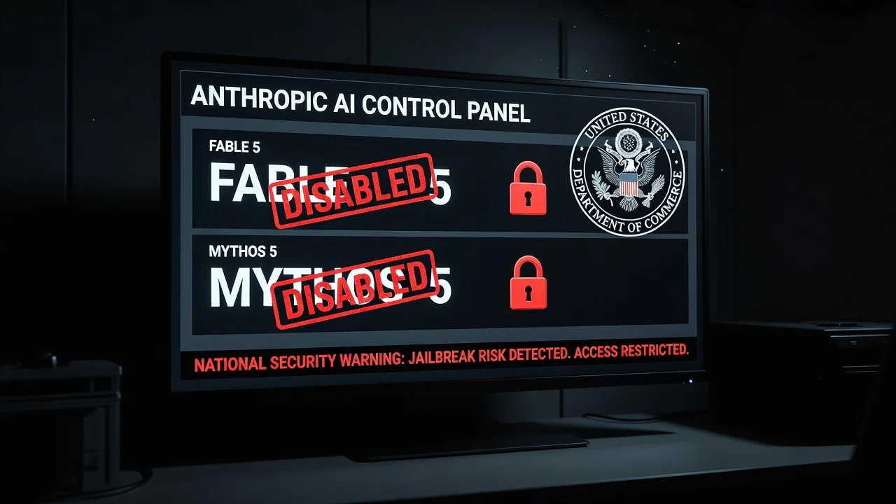 A photorealistic illustration depicting the disabling of Anthropic's Fable 5 and Mythos 5 AI models due to a US government order on national security grounds.