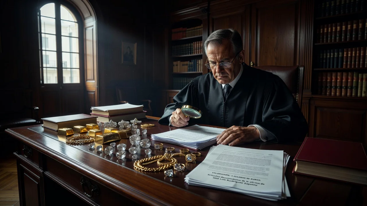 Valuable jewels displayed on a judge's desk with 1.3 million euro appraisal documents