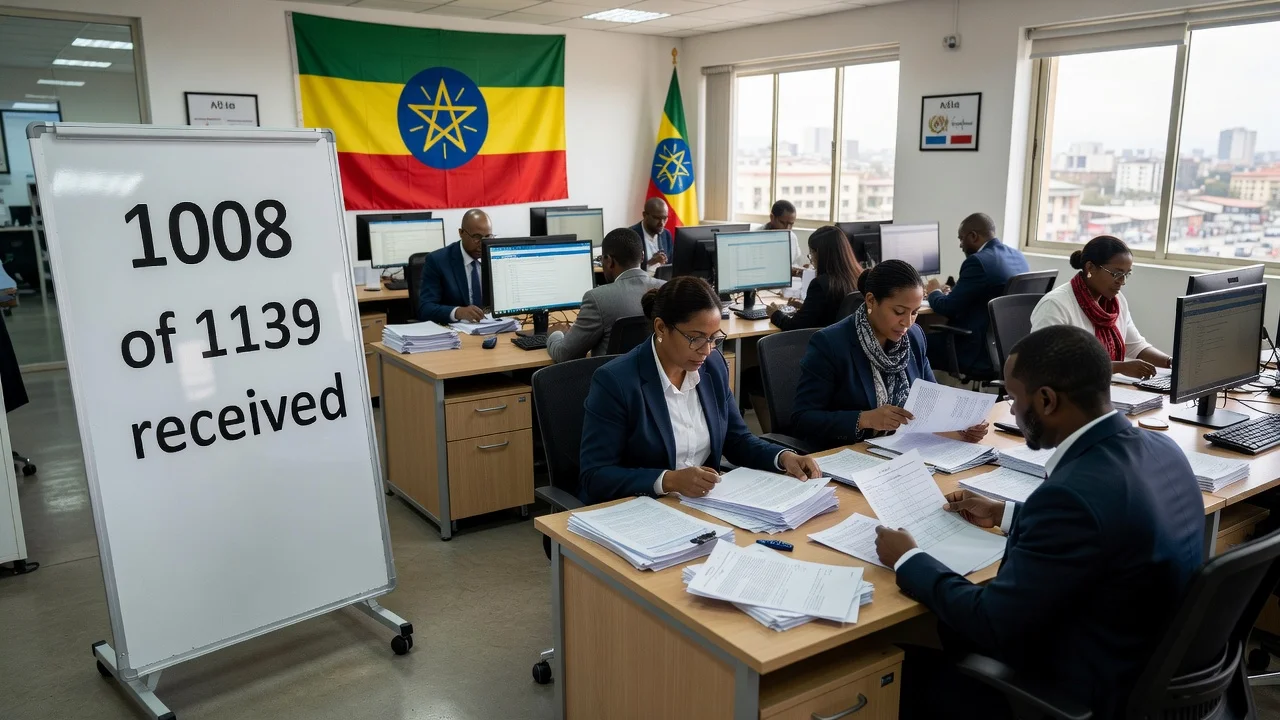 Election officials verifying constituency results at Ethiopia's National Election Board center.