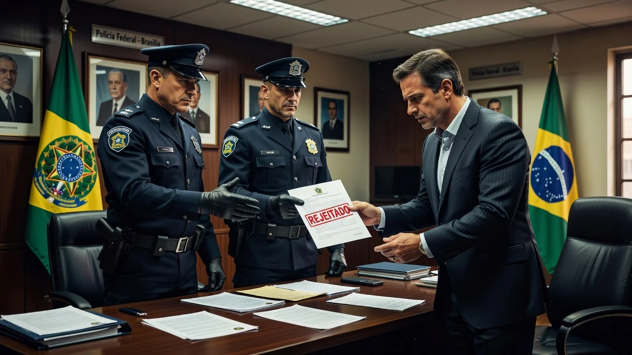 Illustration of federal police rejecting a plea deal proposal from Daniel Vorcaro in an office setting.