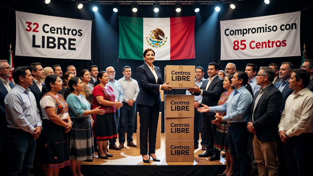 Governor Evelyn Salgado Pineda hands over equipment to representatives of Centros LIBRE during a formal event in Guerrero.