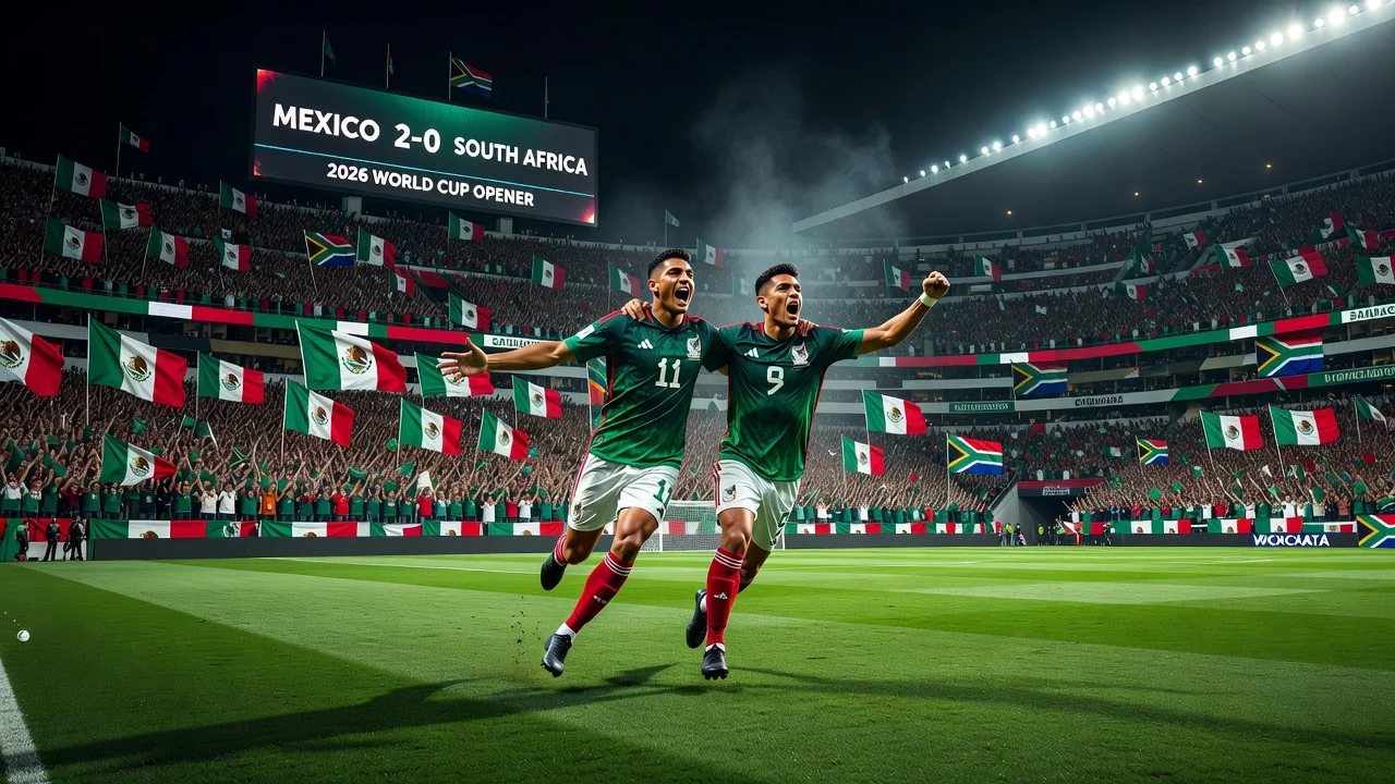 Mexican soccer players celebrating a goal during the World Cup match against South Africa at Estadio Azteca.