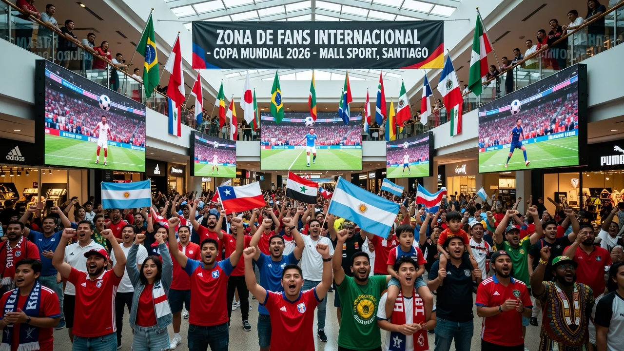 Crowd of international fans watching World Cup matches in Mall Sport's fan zone in Santiago