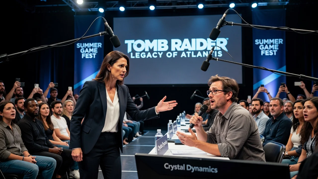 Illustration of PR staff stopping AI question at Tomb Raider event