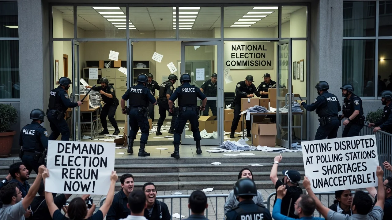 Police raiding the election commission building with protesters outside demanding an election rerun.